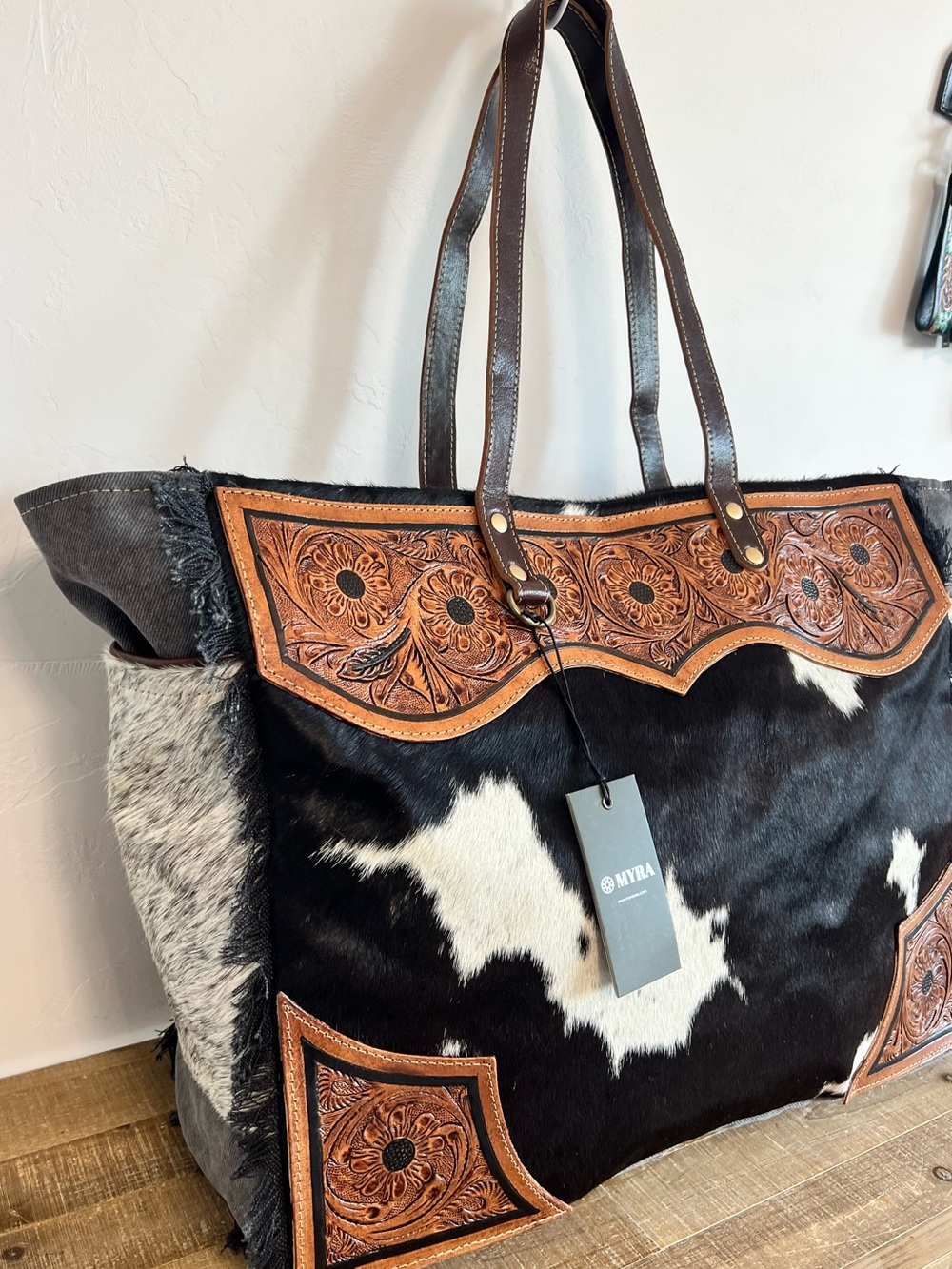 Myra Bag Cowhide Weekender Tooled Leather XL Boho Travel Duffel Western Carry On - Picture 5 of 12